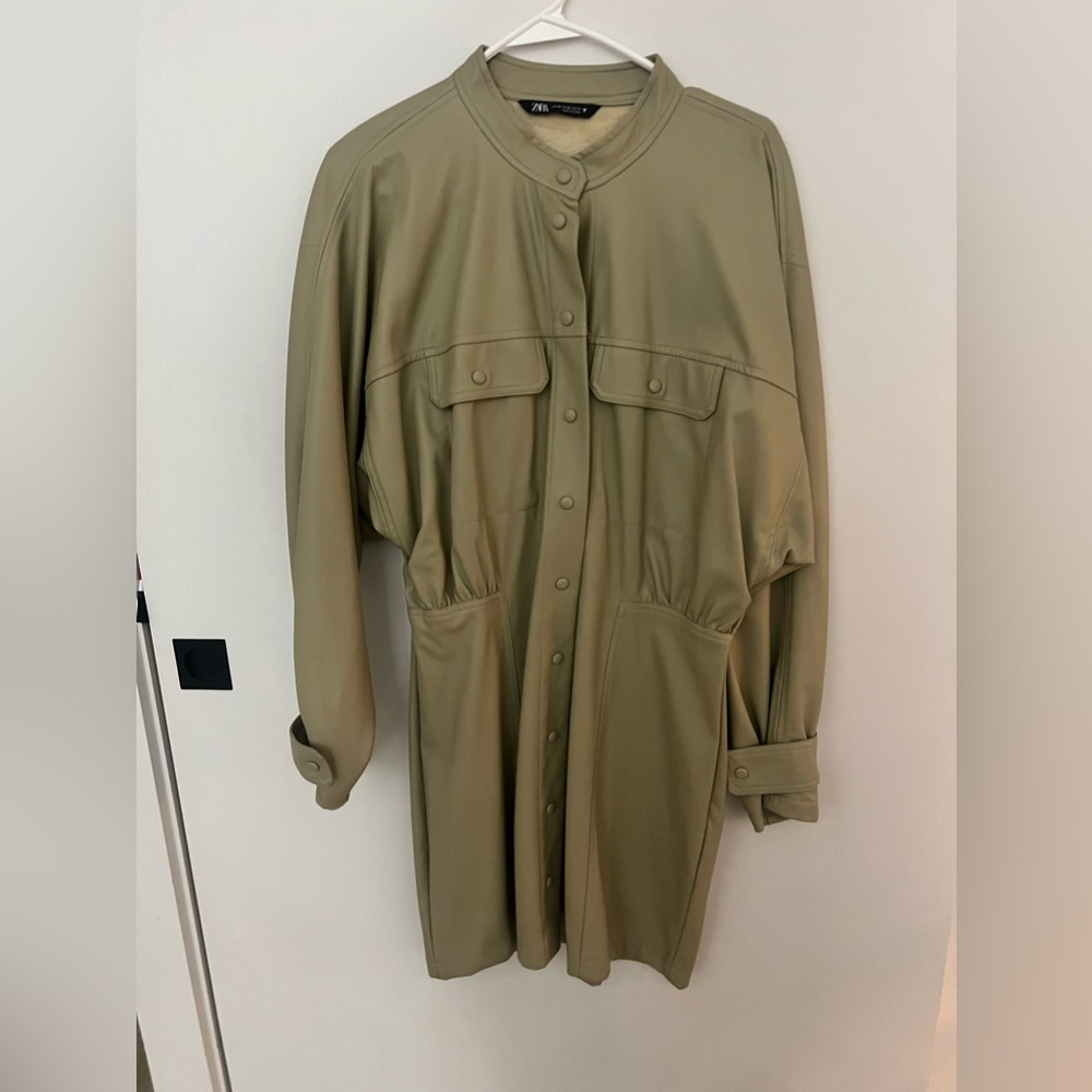 ZARA LEATHER SHIRT DRESS LIGHT GREEN | Size XL
